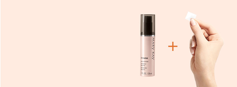When you combine NEW TimeWise Vitamin C Activating Squares with your favorite Mary Kay serum, it powers up your serum for an age-fighting boost. Image features a light orange background. On the right side, the TimeWise Pore Minimizer bottle is shown along with a hand holding a new TimeWise Vitamin C Activating Square. In between them is a dark orange plus sign.