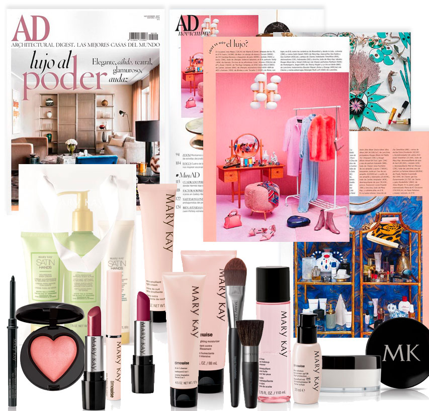 Descubre los productos Mary Kay destacados por la revista AD: labiales, Hidratante, Limpiadora y Solución de Día TimeWise, Set Satin Hands, Acondicionador de Labios, Colorete Iluminador Beauty that Counts, Delineador de Ojos, Brochas, Desmaquillador de Ojos, Polvos Sueltos Translúcidos y Crema de Noche Extra-Emoliente