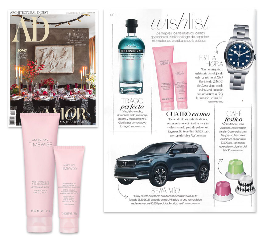 Las Crema de Día con FPS 30 TimeWise Age Minimize 3D y la Limpiadora 4 en 1 TimeWise Age Minimize 3D en la revista AD del mes de diciembre de 2018