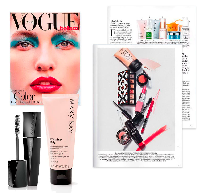 La crema para manos y escote y la máscara de pestañas lash intensity en la revista Vogue de abril de 2017