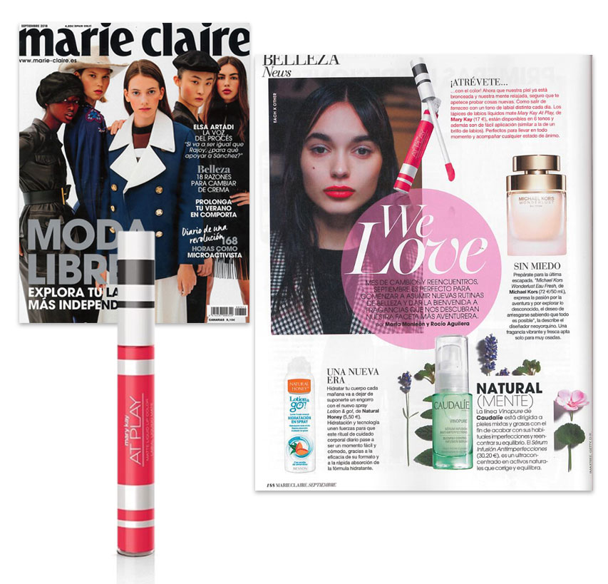 El Lápiz de Labios Líquido Mate Mary Kay At Play® Neon Nectarine destacado en la revista Marie Claire de septiembre de 2018