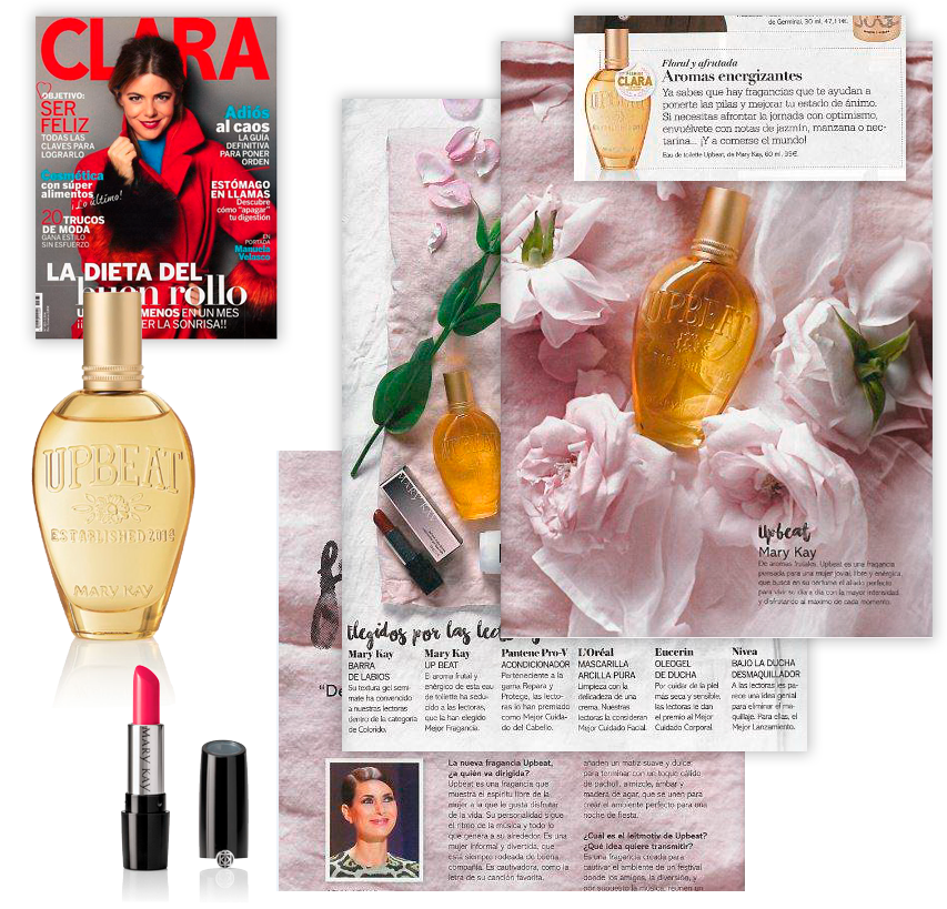  Descubre el Lápiz de Labios Gel Semi-Mate Powerful Pink y la fragancia Upbeat de Mary Kay en la revista Clara de enero de 2017