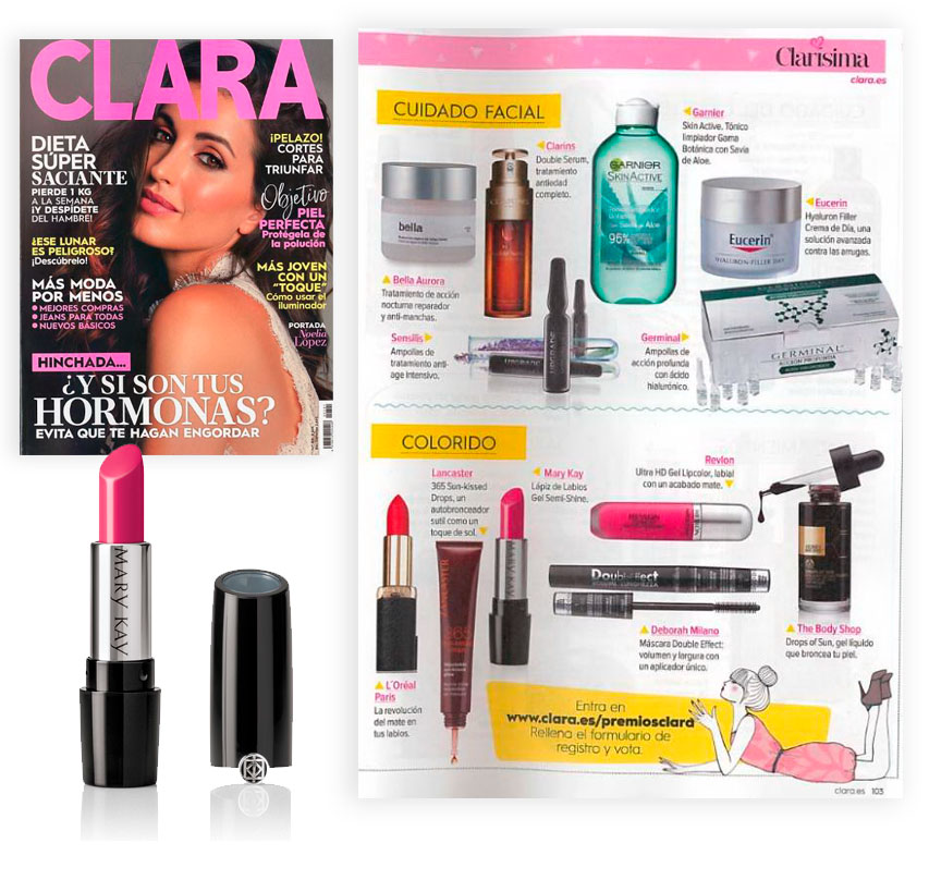 Descubre el pintalabios rosa con brillo Gel Semi-Shine en la revista Clara de septiembre de 2017 