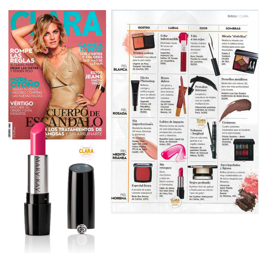 Lápiz de Labios Gel Semi-Shine Mary Kay® Haute Pink, producto destacado en la revista Clara de septiembre de 2018