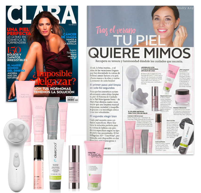 Productos Mary Kay destacados por la revista Clara de octubre de 2019: Skinvigorate Sonic con cabezal de masaje, Sérum Minimizador de Poros, Mascarilla de Carbón, Sérum Reafirmante Avanzado y Mascarilla Exfoliante Botanical Effects