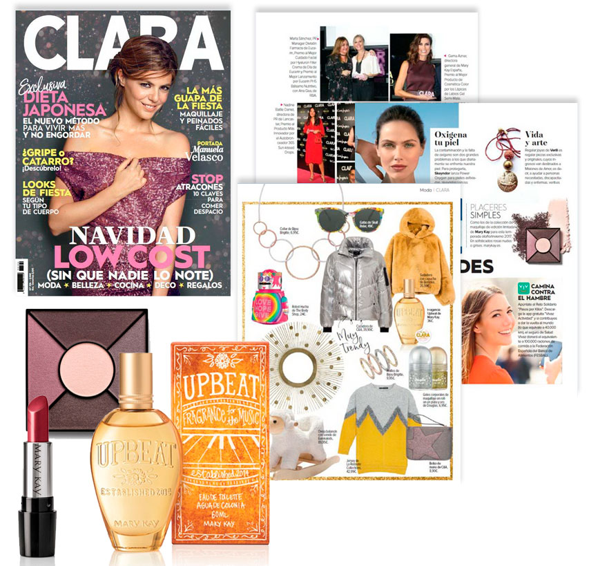 Descubre los productos Mary Kay destacados por la revista Clara en diciembre de 2017: la fragancia Upbeat, el Lápiz de Labios Semi-Shine y la Paleta de Sombras de Ojos Rose Nudes