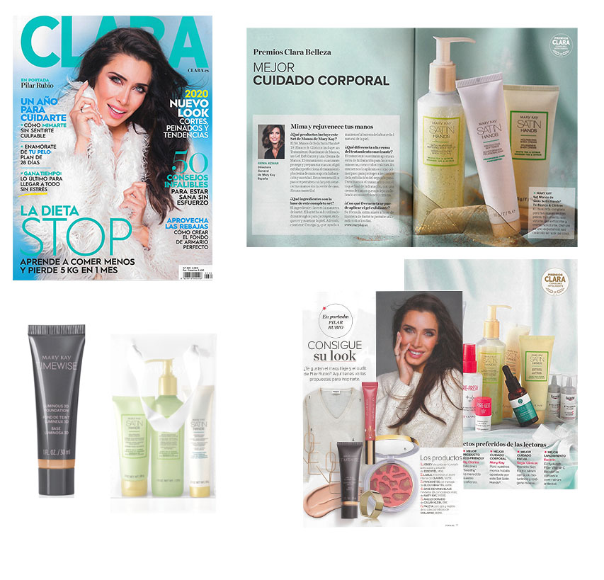 Productos destacados por la revista Clara de enero de 2020: Set Manos de Seda Satin Hands, Base de Maquillaje Timewise 3D, Premios Clara 