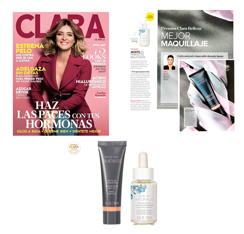 Productos destacados por la revista Clara de enero de 2021: Base de Maquillajej Fluida TimeWise, Aceite Nutritivo Mary Kay Naturally