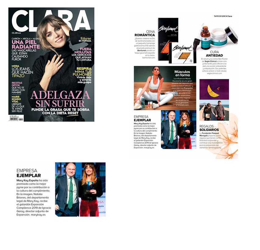 Productos Mary Kay destacados  en la revista Clara de febrero de 2020: premio Expansion a la compañía ejemplo por su política de Compliance