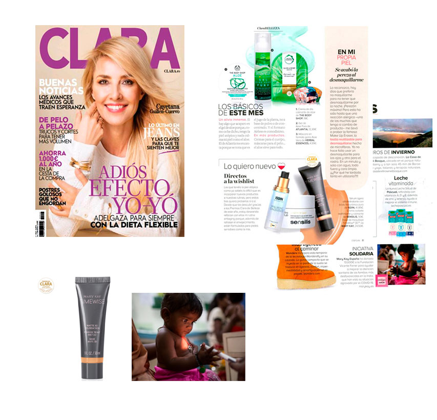 Productos Mary Kay destacados por la revista Clara de febrero de 2020: Base de Maquillaje Fluida TimeWise 3D de Mary Kay y colaboración con la Fundación Vicente Ferrer proyecto India