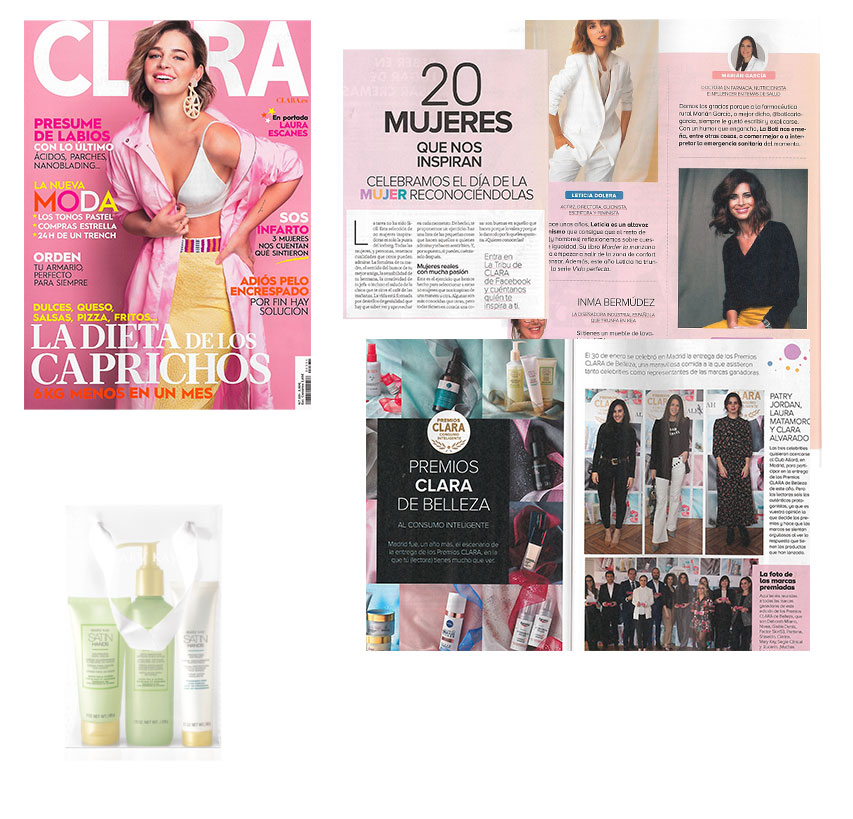 Productos destacados por la revista Clara de marzo de 2020: Set de Manos Satin Hands, Premios Clara, Mujeres que nos Inspiran, Gema Aznar, Directora General de Mary Kay España