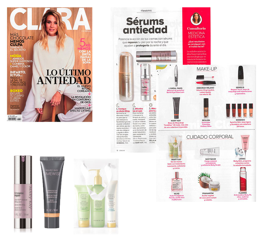 Productos destacados por la revista Clara de noviembre de 2019: CC Cream, Serum Reafirmante Avanzado TimeWise Repair Volu-Firm, Set de manos de seda Satin Hands. 