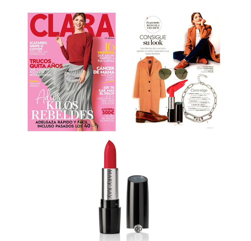 Descubre los productos Mary Kay en la revista Clara de septiembre de 2020: Lápiz de Labios Gel Semi-Mate Mary Kay®, Máscara de Pestañas Lash Love® Lengthening y Paleta de Sombras de Ojos Minerales Mary Kay®