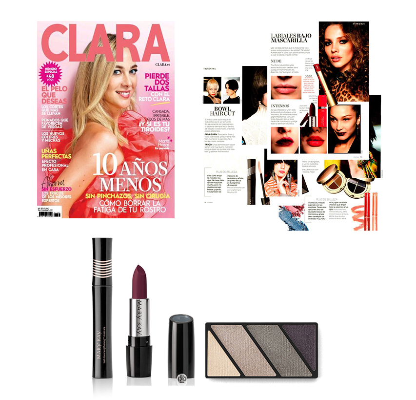 Descubre los productos Mary Kay en la revista Clara de septiembre de 2020: Lápiz de Labios Gel Semi-Mate Mary Kay®, Máscara de Pestañas Lash Love® Lengthening y Paleta de Sombras de Ojos Minerales Mary Kay®