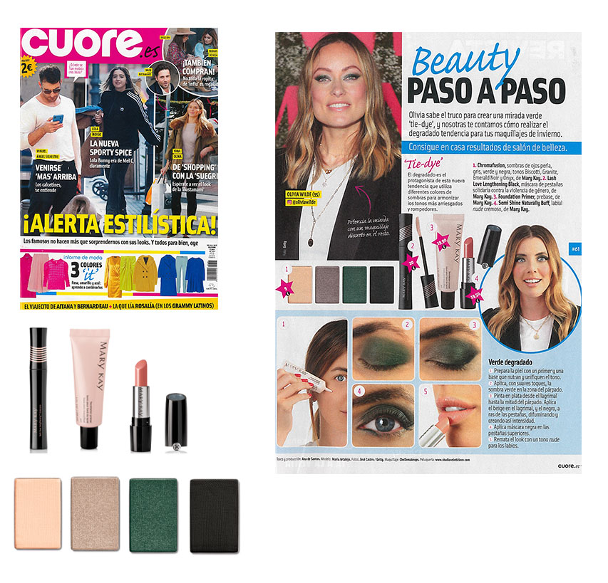 Productos destacados por la revista Cuore en diciembre de 2019: Máscara de Pestañas Mary Kay, prebase de maquillaje, lápices de labios semi mate, sombras de ojos chromafusion, paso a paso