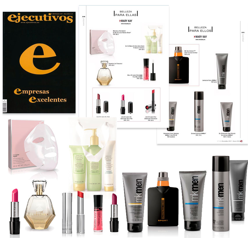 Conoce los productos que ha destacado Ejecutivos en su ejemplar de diciembre, entre ellos la Máscarilla Reafirmante de Bio-Celulosa, el Lápiz de Labios True Dimensions, el Lápiz de Labios Gel Semi-Mate Poppy Please y el Crushed Berry, el Set de Manos Satin Hands, la Fragancia Live Fearlessly  y el Brillo de Labios Nourishine Plus, todos de Mary Kay. Para hombre, en Ejecutivos se destaca la línea MK Men con Espuma de Afeitar, MK High Intensity Sport, la Limpiadora Facial, el Gel Refrescante para después del Afeitado, y la Hidratante Facial Avanzada con FPS 30  