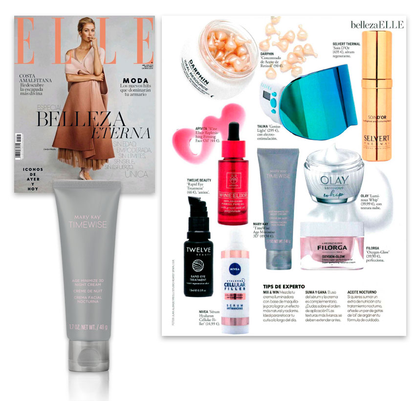 Crema de Noche TimeWise® 3D, producto destacado por la revista Elle en abril de 2019
