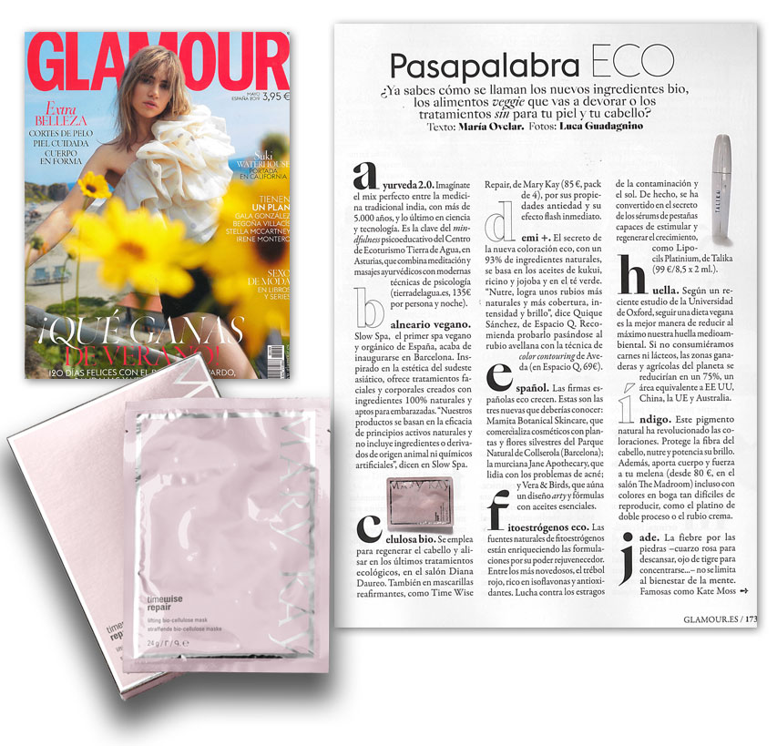 Descubre la Mascarilla Reafirmante de Bio-Celulosa TimeWise Repair Volu-firm entre las paginas de la revista Glamour de mayo de 2019