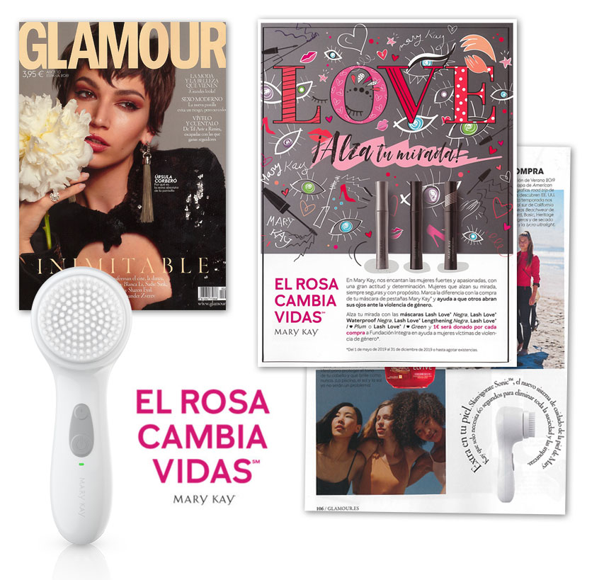 Descubre la contraportada de la revista Glamour de Agosto de 2019 con la campaña solidaria Alza tu Mirada de Mary Kay y el nuevo Sistema de Cuidado de la Piel Skinvigorate Sonic