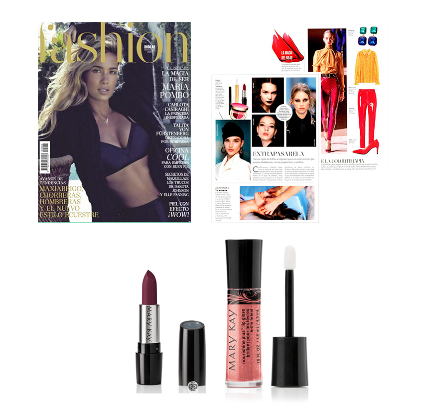 Productos destacados en la revista Hola Fashion de septiembre de 2020: Lápiz de Labios Gel Semi-Mate Mary Kay® y Brillo de Labios NouriShine Plus® Mary Kay®