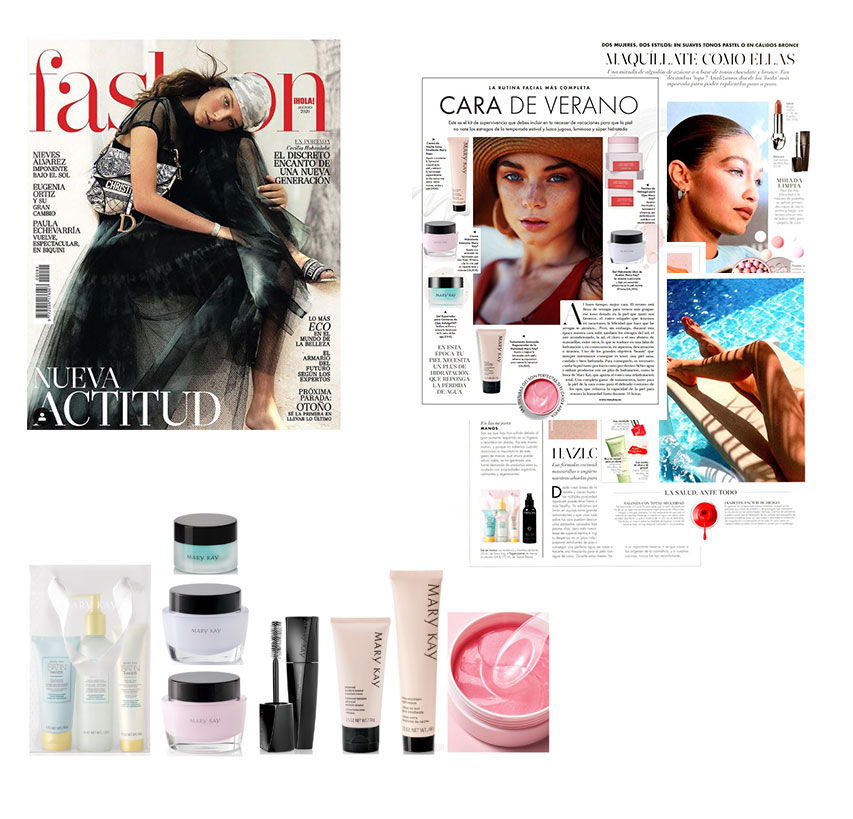 Productos destacados Mary Kay en la revista Hola Fashion de agosto de 2020: Set de Manos Satin Hands, Crema Intensiva Mary Kay, Gel Libre de Aceites, Gel Reparador para Ojos Indulge, Máscara de Pestañas Lash Intensity, Tratamiento Avanzado Regenerador de la Humedad Mary Kay, Crema de Noche Extraemoliente, Parches de Hidrogel para Ojos