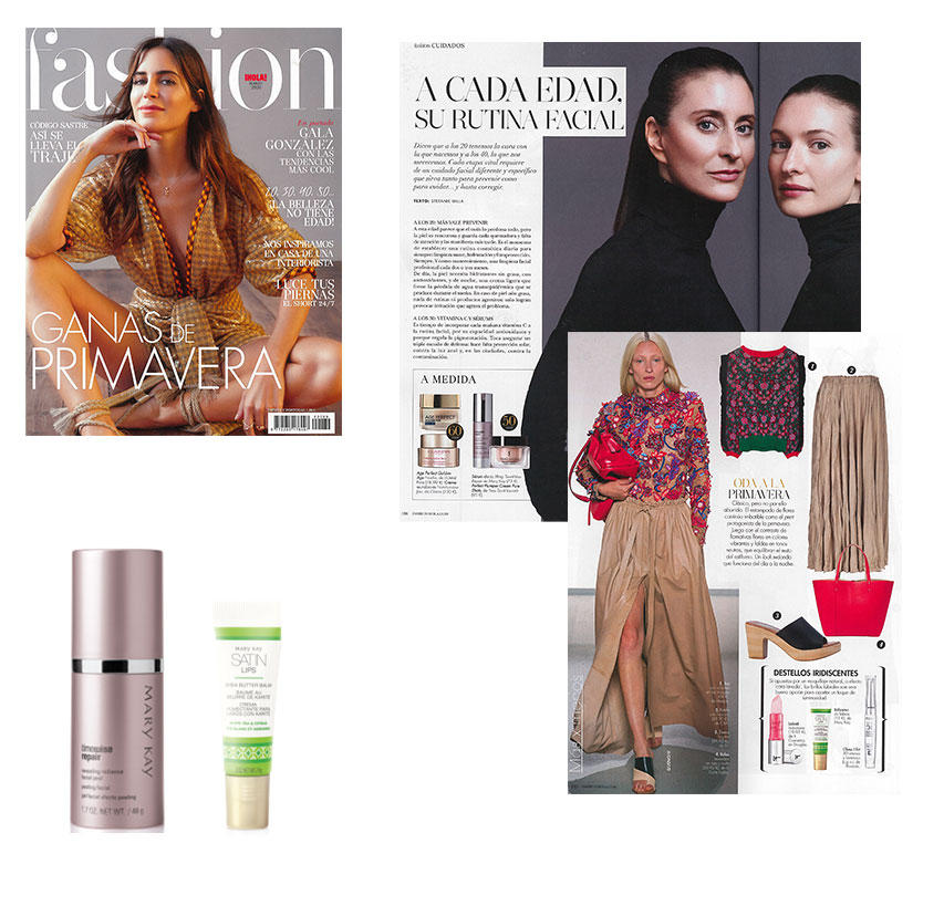 Productos destacados por la revista Clara de marzo de 2020: Serum Reafirmante Avanzado TimeWise Repair , Exfoliante Renovador TimeWise Repair, Satin Lips, Bálsamo de Labios de Karié Mary Kay 