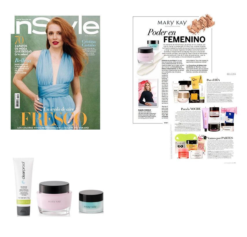 Productos destacados por la revista InStyle de agosto de 2020: Mascarilla de Carbón Limpiadora Profunda, Crema Intensiva Mary Kay, Gel Reparador para Contorno de Ojos Indulge
