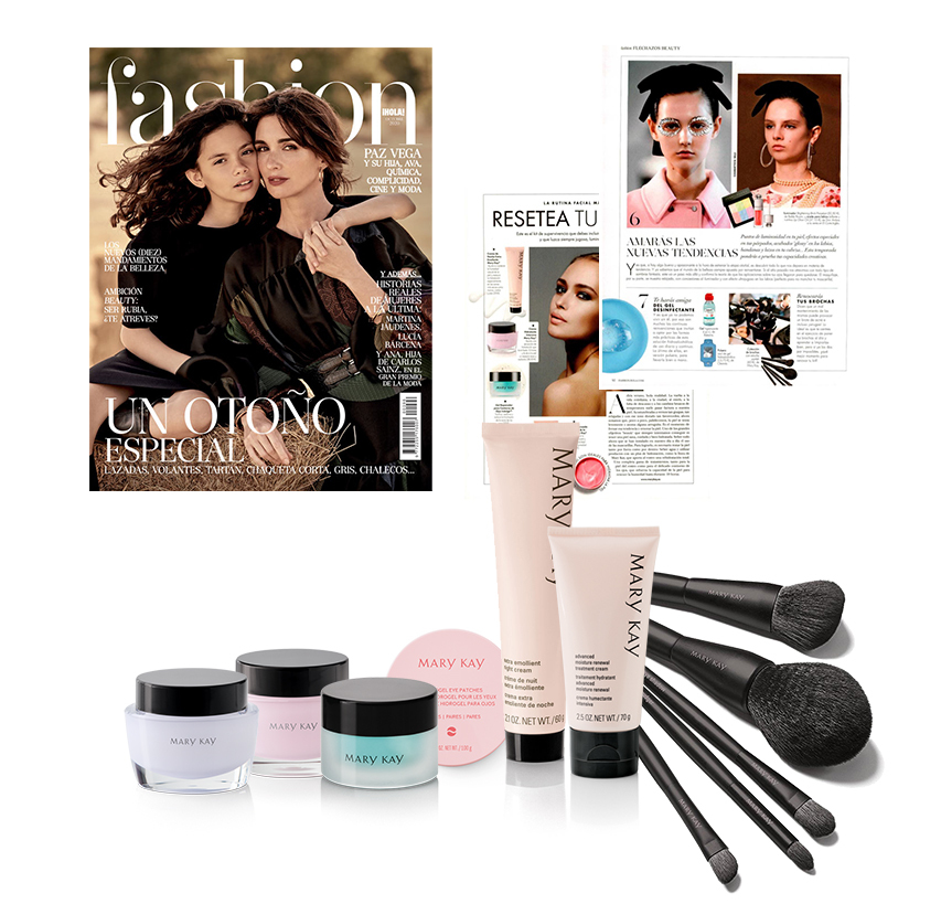 Productos destacados en la revista Hola Fashion de septiembre de 2020: Lápiz de Labios Gel Semi-Mate Mary Kay® y Brillo de Labios NouriShine Plus® Mary Kay®