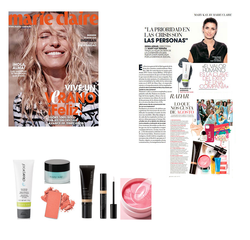 Productos destacados por la revista Marie Claire de agosto de 2020: CC Cream, Parches de Hidrogel para Ojos, Corrector Perfecting Concealer, Colorete Chormafusion Juicy Peach, Gel Reparador para el Contorno de Ojos Indulge; Mascarilla de Carbon Limpiadora Profunda