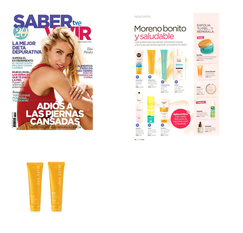 Productos destacados por la revista Saber Vivir de agosto de 2020: Pantalla Solare FPS 30 Protección Alta, Pantalla Solare FPS 50 Protección Alta
