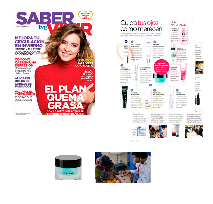 Productos destacados Mary Kay en la revista Saber Vivir de febrero de 2021: gel indulge mary Kay y colaboración solidaria con Fundación Vicente Ferrer