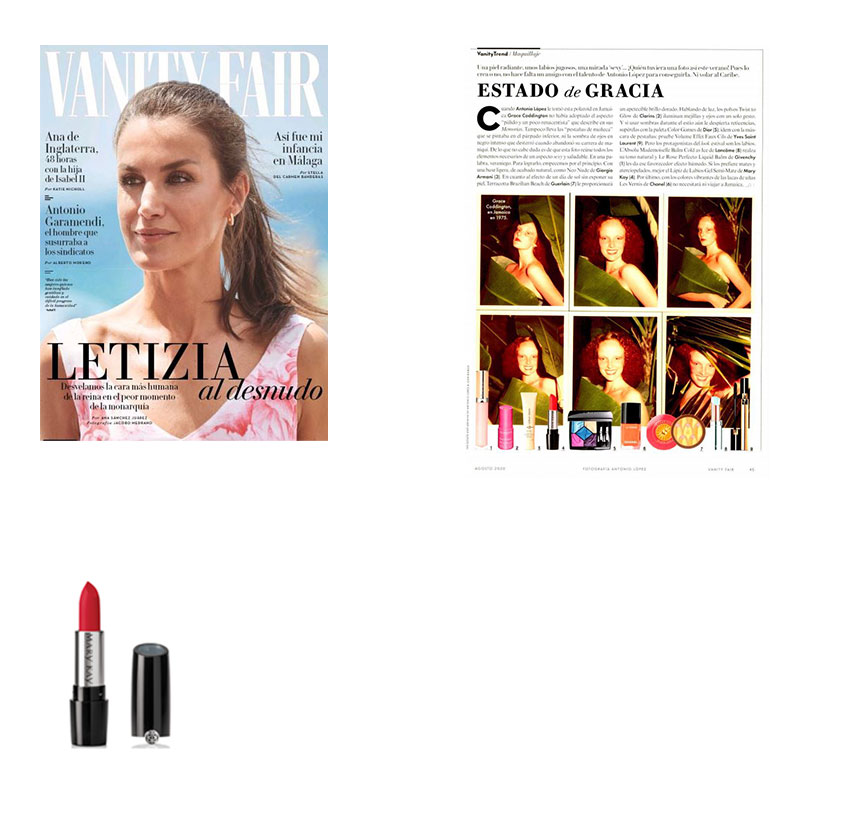Productos destacados por la revista Vanity Fair de agosto de 2020:Lápiz de Labios Gel Semi Mate Mary Kay Red Stiletto