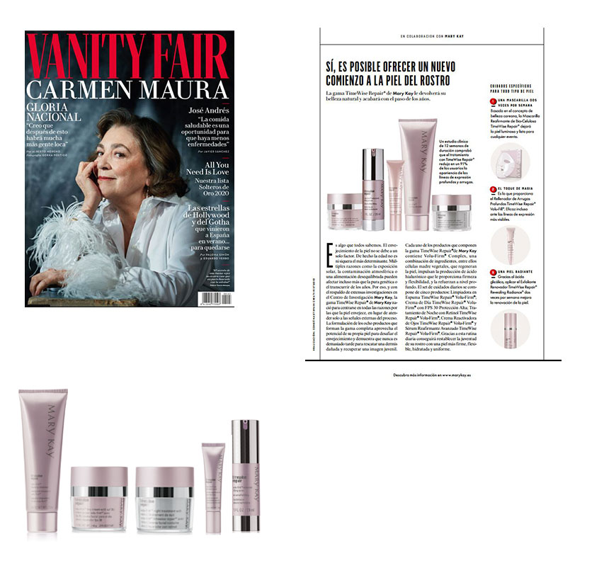Productos destacados en la revista Vanity Fair de julio de 2020: línea Timewise Repair de Mary Kay, crema hidratante, crema de noche, crema de día, serum, limpiadora, contorno de ojos