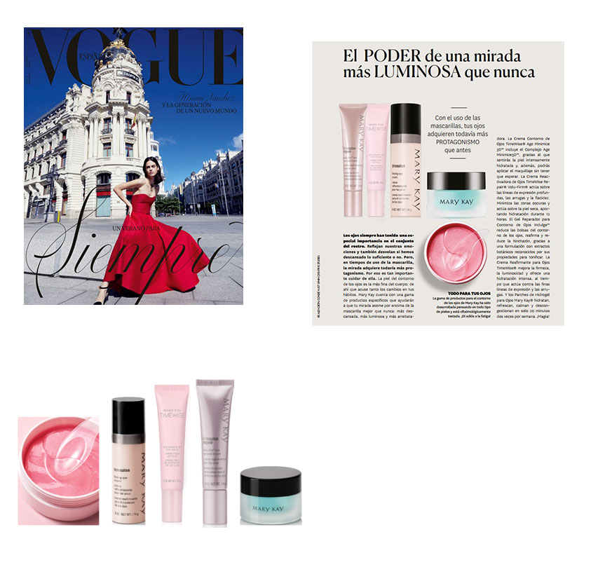 Productos destacados por la revista Vogue de agosto de 2020: Parches de Hidrogel para Ojos Mary Kay, Crema Reafirmante de OJos, Crema para el Contorno de OJos TimWise, Crema Reactivadora de Ojos, Gel Reparador para el contorno de Ojos Indulge