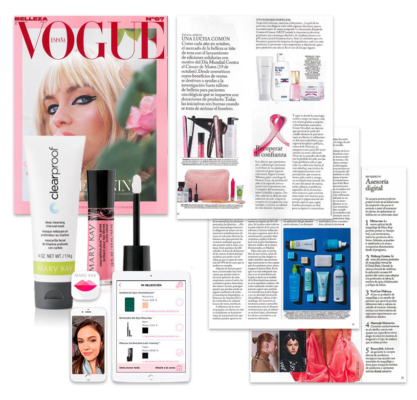 La Mascarilla de Carbón-Limpiadora Profunda Clear Proof de Mary Kay,  el Brillo de Labios NouriShine Plus y la app Mirror Me de Mary Kay en la revista Vogue Belleza de octubre de 2018.