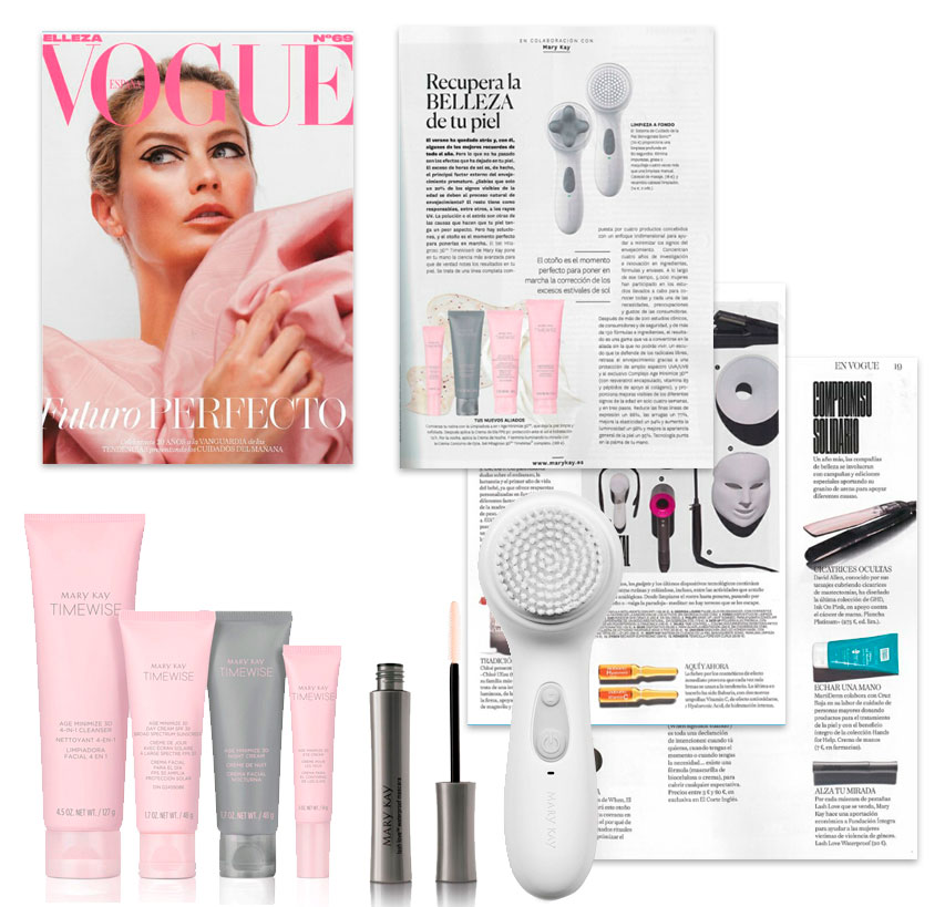 Cepillo Limpieza Facial Skinvigorate, Set Milagroso TimeWise 3D cuidado de la piel, Máscara Pestañas Waterproof como productos destacados en el especial de belleza de la revista Vogue de octubre de 2019.