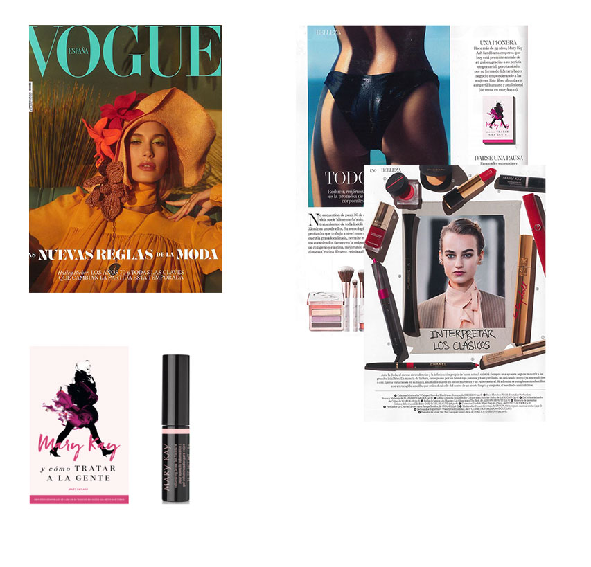 Productos Mary Kay destacados en la revista Vogue de marzo de 2020: libro Mary Kay Ash y Cómo Tratar a la gente, gel voluminizador de cejas Mary Kay