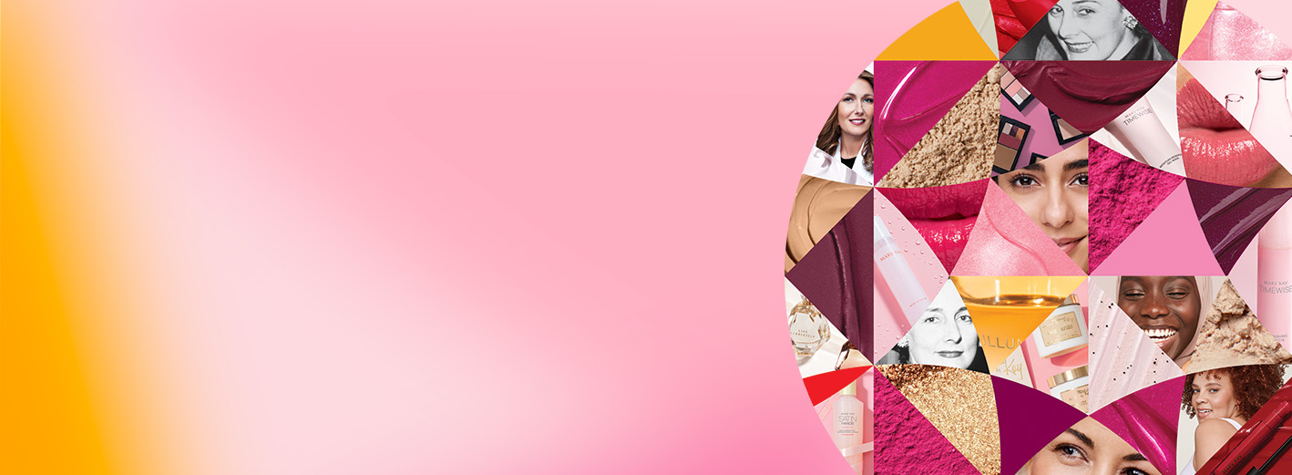 A diamond-facet collage of women and beauty products.