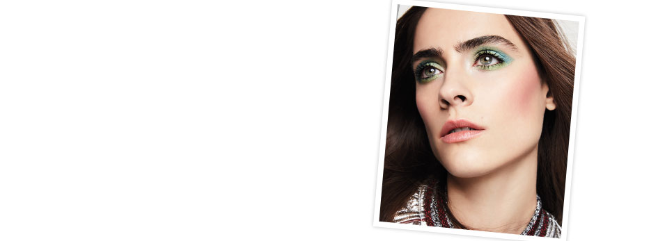 Get the step-by-step application tips for the Shock and Awe Look created by Mary Kay Guest Makeup Artist Sam Addington. In the right corner, a woman is shown wearing a mixture of bright blue and light green eye shadow, along with pink blush and pink lipstick