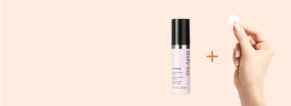 When you combine NEW TimeWise Vitamin C Activating Squares with your favorite Mary Kay serum, it powers up your serum for an age-fighting boost. Image features a light orange background. On the right side, the TimeWise Tone-Correcting Serum bottle is shown along with a hand holding a new TimeWise Vitamin C Activating Square. In between them is a dark orange plus sign.