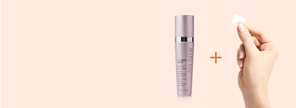 Image features a light orange background. On the right side, the TimeWise Repair Volu-Firm Lifting Serum bottle is shown along with a hand holding a new TimeWise Vitamin C Activating Square. In between them is a dark orange plus sign.