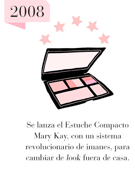 2008: Se lanza el Estuche Compacto Mary Kay, con un sistema revolucionario de imanes, que permite cambiar de look fuera de casa. 
