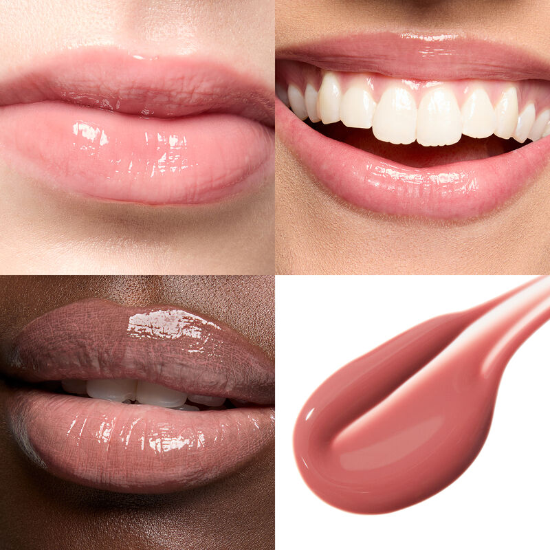 Collage of Mary Kay Tinted Lip Oil in Blush on lips featuring light, medium and deep skin tones as well as blush swipe on white background
