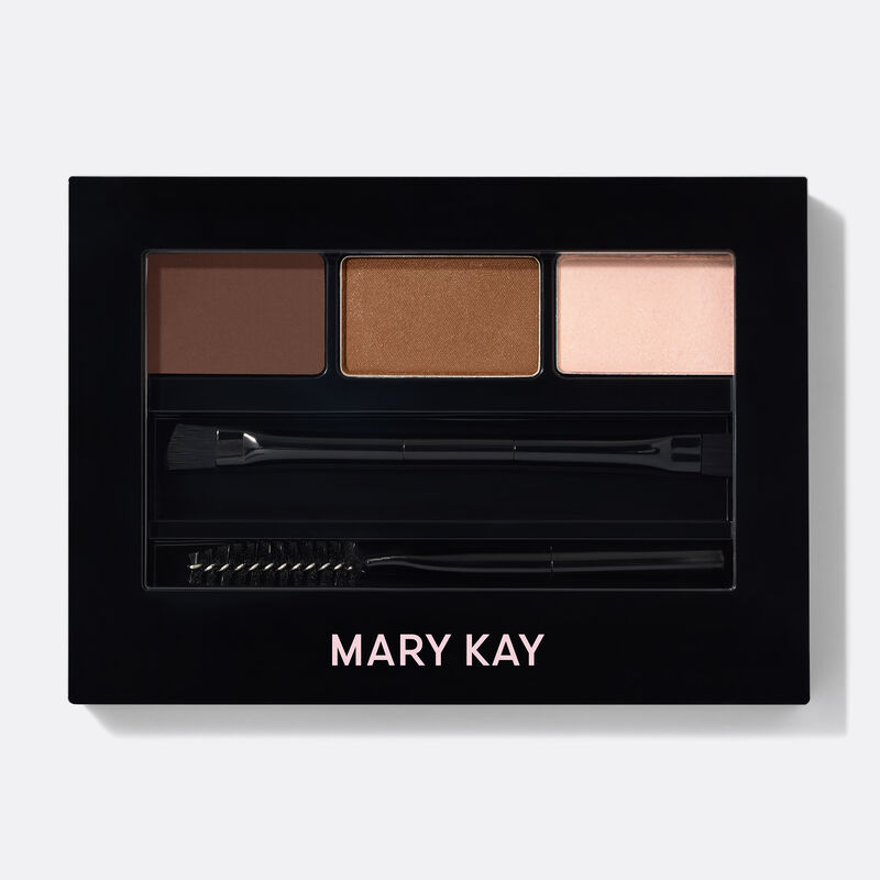 A closed compact of limited-edition Mary Kay Brow Kit in shade Brunette against plain background